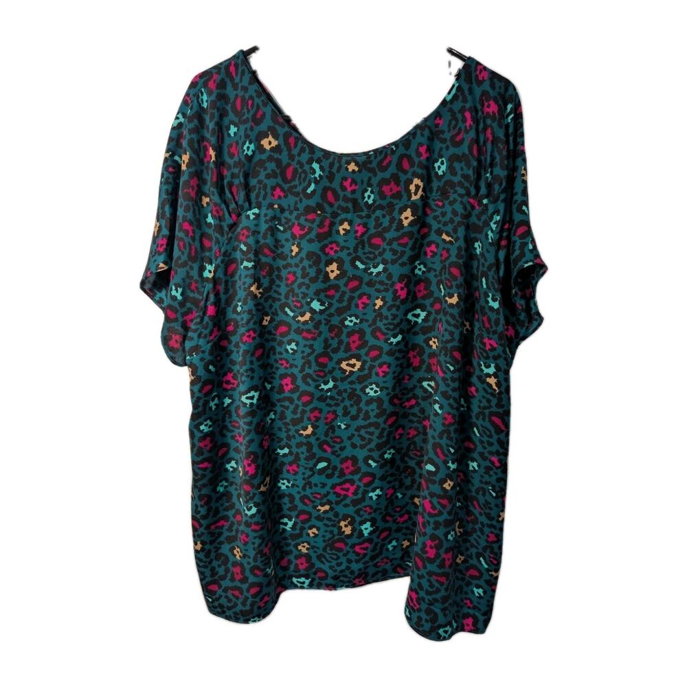 Worthington Blouse Colorful Cheetah Green Pink Tunic Women's Shirt Size 3X Artsy